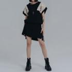 Cap-sleeve Printed Ribbed Knit Dress Black - One Size