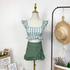Set: Gingham Ruffled Sleeveless Swim Top + Swim Skirt