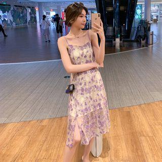 Spaghetti-strap Lace Panel Floral Side-slit Dress