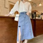 Slit Denim Midi A-line Skirt / 3/4-sleeve Blouse