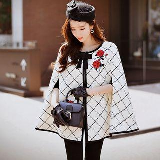 Embroidered Check Zip Cape Coat