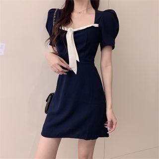 Tie-neck Short-sleeve Cutout-back Mini A-line Dress