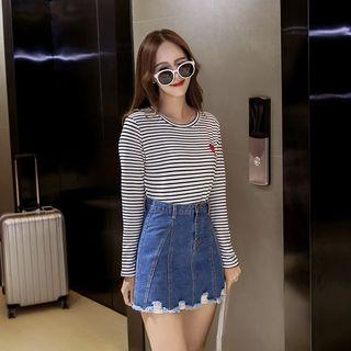 Heart Embroidered Striped Long-sleeve T-shirt