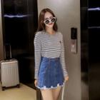 Heart Embroidered Striped Long-sleeve T-shirt