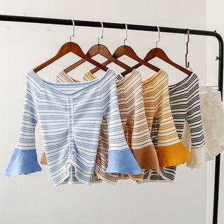 Striped Bell-sleeve Drawstring Knit Top