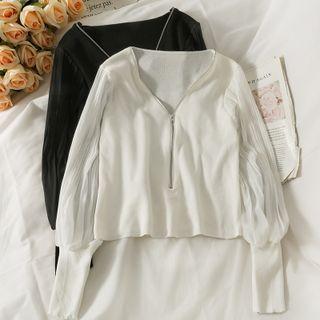 Patchwork Half-zipper Crop Knit Top