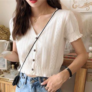 Short-sleeve Buttoned Pointelle Knit Top