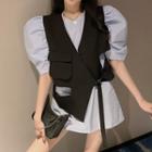 Puff-sleeve A-line Mini Dress / Irregular Cutout Vest