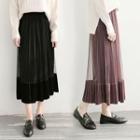 Sheer Panel Velvet Pleated Midi Skirt