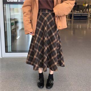 Letter Embroidered Hoodie / Plaid Midi A-line Skirt