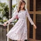 3/4-sleeve Embroidered Midi A-line Lace Dress