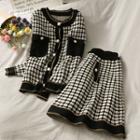 Set: Plaid Button-down Knit Top + Mini Skirt Black - One Size