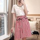 Set: Short-sleeve Chiffon Blouse + Printed A-line Skirt
