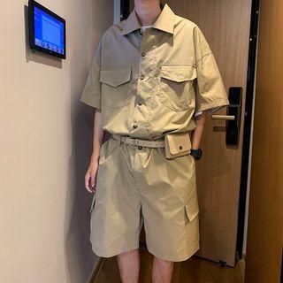 Set: Elbow-sleeve Cargo Shirt + Wide Leg Shorts
