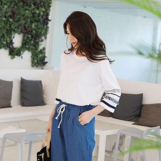 Contrast-fringe 3/4-sleeve T-shirt