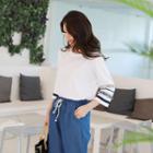 Contrast-fringe 3/4-sleeve T-shirt