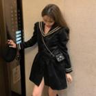 Sailor Collar Long-sleeve Ribbed Velvet A-line Dress