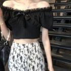 Off-shoulder Frill Trim Bow-accent Crop Top / Print Wide Leg Pants