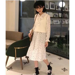 Heart Print Tie-neck Chiffon Dress / Knit Vest