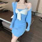 Bow-accent Knit Dress / Plain Cardigan