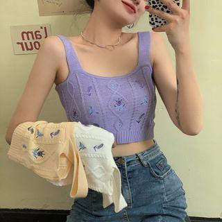 Flower Embroidered Knit Cropped Camisole Top