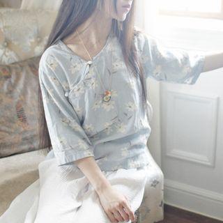 3/4-sleeve Floral Linen Top