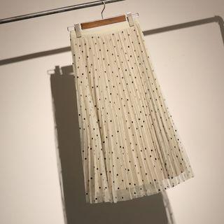 Accordion Pleated Midi A-line Mesh-overlay Skirt
