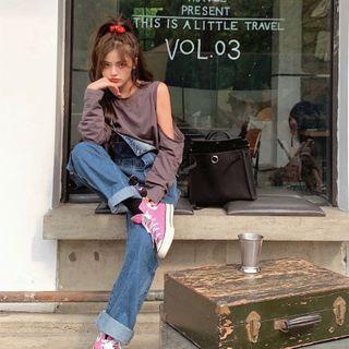 Cold-shoulder Long-sleeve T-shirt / Denim Jumper Pants