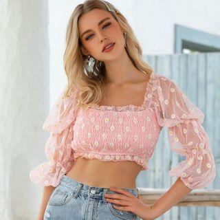 Puff Sleeve Ruffle Trim Floral Embroidered Cropped Top