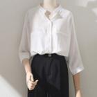 Elbow-sleeve Stand-collar Cotton Linen Shirt