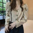 Long-sleeve Floral Embroidered Button-up Corduroy Blouse