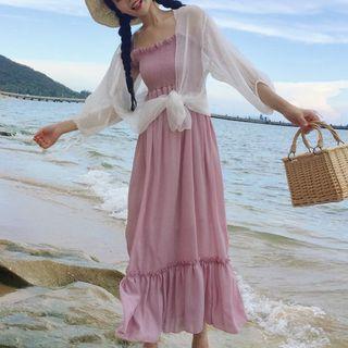Open-front Jacket / Shirred Midi Spaghetti Strap Dress