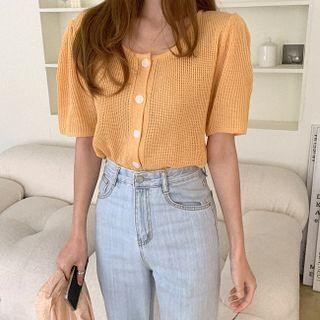 Puff-sleeve Waffle-knit Cardigan