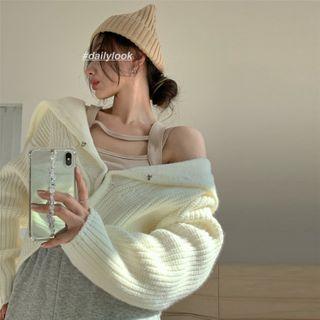 Plain Loose-fit Cardigan / Cutout Tank Top