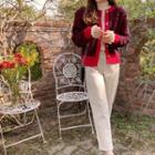 Round-neck Color-block Tweed Cardigan Red - One Size