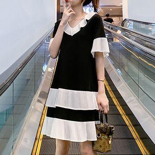 Elbow-sleeve Chiffon Panel Pleated Dress