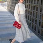 Mock Neck Embellished Sweater / Midi A-line Skirt / Set
