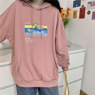 Lettering Cartoon Duck Print Hoodie