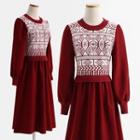 Puff-sleeve Patterned A-line Knit Dress