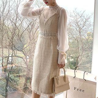 Set: Long-sleeve Mesh Top + Tweed Pinafore Dress