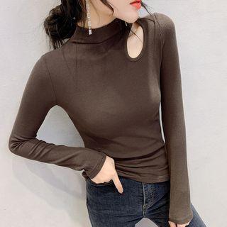 Mock-turtleneck Long-sleeve Cutout Ribbed Top