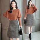 Set: Long Sleeve Buttoned Cape Top + Houndstooth A-line Skirt