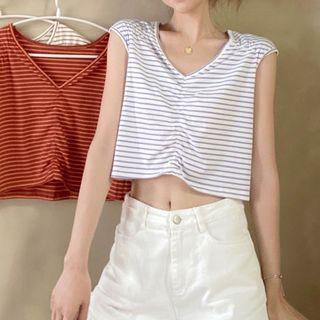 V-neck Striped Ruched Tank Top