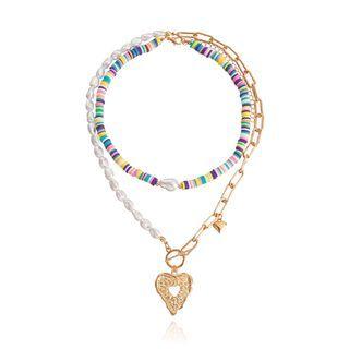 Heart Pendant Faux Pearl Bead Layered Choker Necklace Gold - One Size