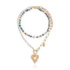 Heart Pendant Faux Pearl Bead Layered Choker Necklace Gold - One Size