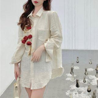 Flower-accent Long Sleeve Ripped Shirtdress