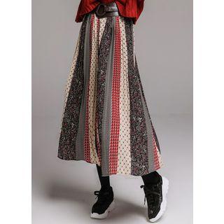 Pattern-panel Long Pleated Skirt
