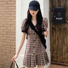 Puff-sleeve Contrast Collar Plaid Mini A-line Dress