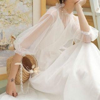 Set: 3/4-sleeve Mesh Blouse + Spaghetti Strap Midi A-line Dress
