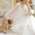 Set: 3/4-sleeve Mesh Blouse + Spaghetti Strap Midi A-line Dress